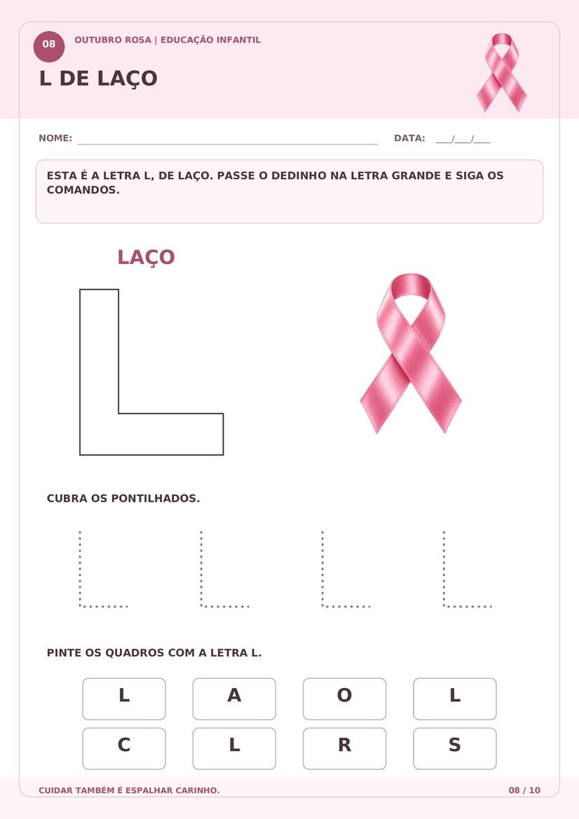 Atividade de alfabetização Outubro Rosa com letra L de laço, pontilhados e identificação de letras